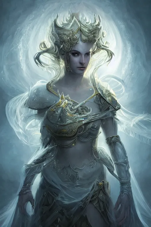 Image similar to zodiac knight, beautiful face, ethereal, gorgeous, volumetric lighting, elegant, fluid, highly detailed, digital painting, concept art, highly detailed, smooth, illustration, limited color palette, atmosphere and tension, art by greg olsen and liz lemon swindle