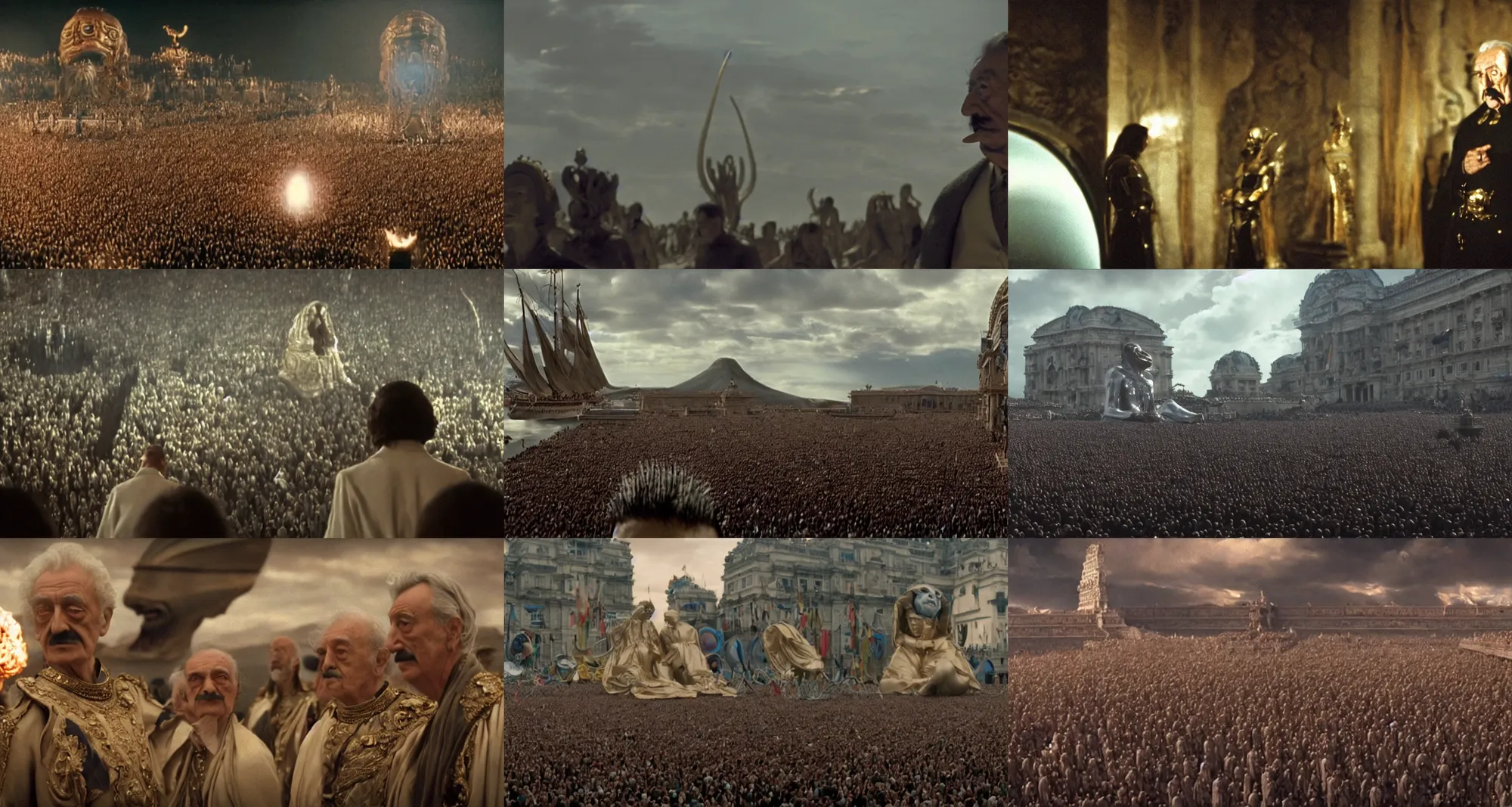 Prompt: the long shot of teasing salvador dali in the role of emperor | crowd of people | still frame from the prometheus movie by ridley scott and alejandro jodorowsky with cinematogrophy of christopher doyle, anamorphic bokeh and lens flares, 8 k, higly detailed masterpiece