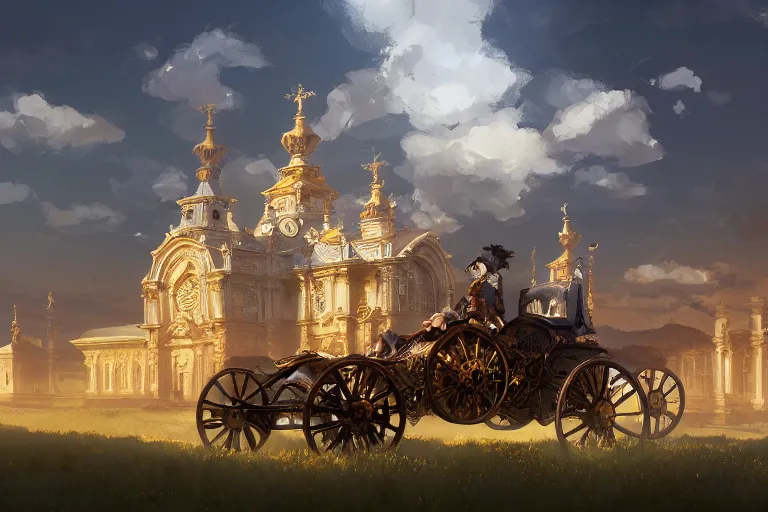 Image similar to a driving ornate baroque church mounted on chainwheels, scene in an open field. key visual, conceptart, ambient lighting, highly detailed, digital painting, artstation, concept art, sharp focus, by makoto shinkai and akihiko yoshida and greg manchess