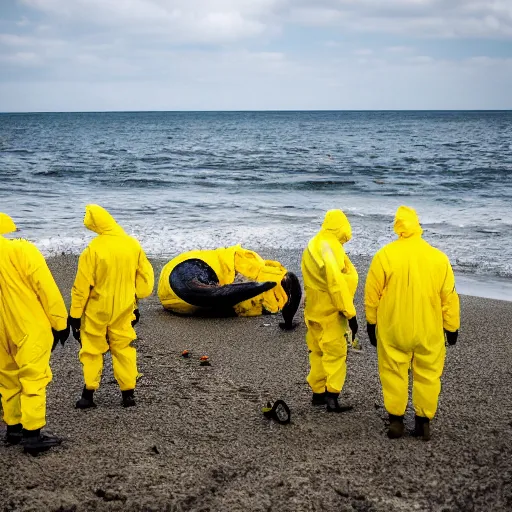 Image similar to Professional Photography, long shot, People in yellow chemical hazmat suits are investigating a huge creepy black creature washed up on the beach.