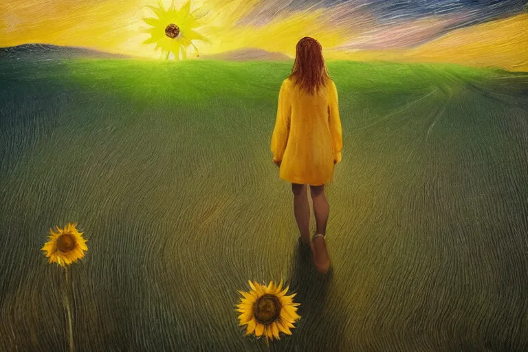 Image similar to giant sunflower as a head, girl walking in wheat field, hills, surreal photography, dark night, star trails, dramatic light, impressionist painting, clouds, digital painting, artstation, simon stalenhag