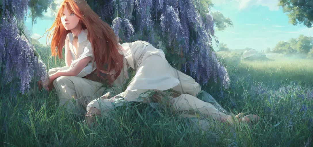 Prompt: a beautiful southern woman named Savannah, innocent, somber turquoise eyes, freckles, long ginger hair tied with white ribbon, napping under wisteria on a farm, gentle lighting, storm in the distance, western clothing, dress, digital art by Makoto Shinkai ilya kuvshinov and Wojtek Fus, digital art, concept art,