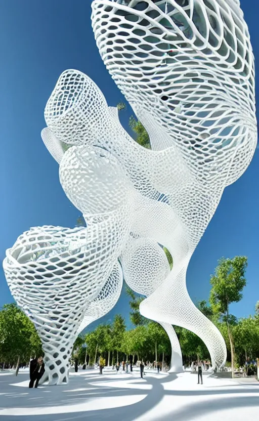 Image similar to elegant white art 3 d printed parametric installation with playful surreal tall lemon groves, urban playground, fluidity, vincent callebaut, mamou - mani, voronoi pavilion with huge white magnolias above