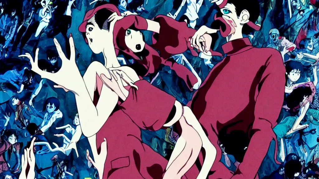 Image similar to french voguing dance horror movie, anime film still from the an anime directed by katsuhiro otomo with art direction by salvador dali, wide lens