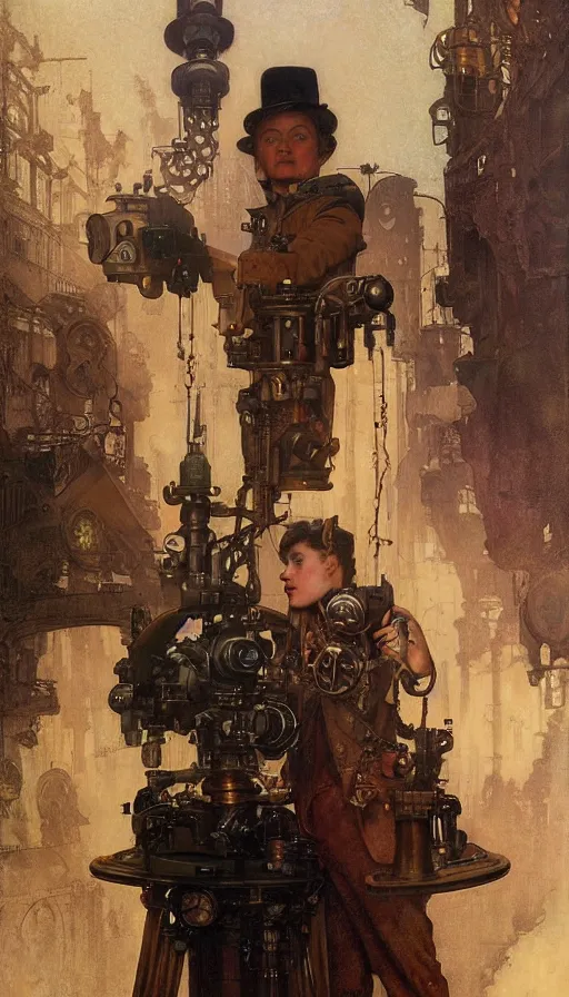 Image similar to hyper realistic photographer looking through camera towards viewer, magical, steampunk, painted by james gurney, norman rockwell, tom bagshaw, mucha, gaston bussiere, craig mullins, j. c. leyendecker 8 k