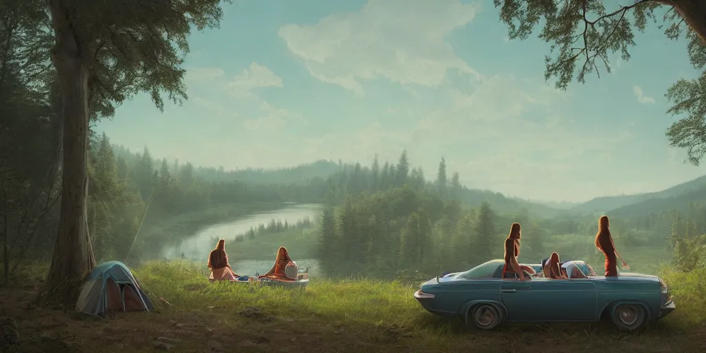 Prompt: looking out a porthole car window to see two women camping, elegant scene, low angle, wide angle, indian forest, wide angle, cinematic, ultrarealistic, trending on artstation, cgsociety, highly detailed, color graded, rendered in unreal engine 4 k hq, matte painting, by simon stalenhag and hudson river school, horizon forbidden west