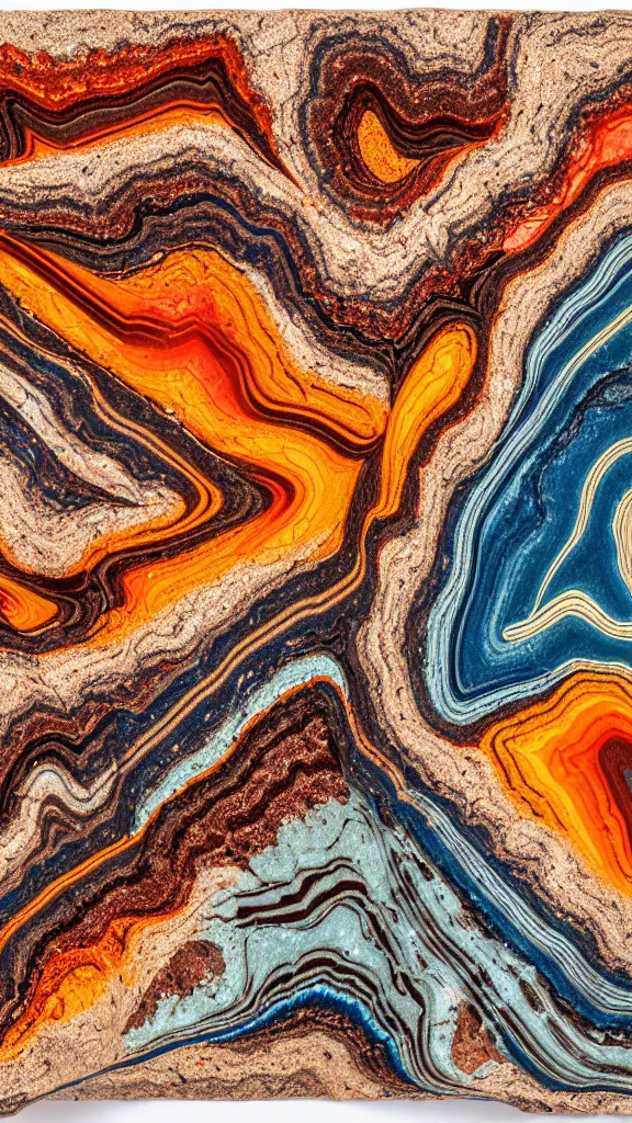 Prompt: vivid color, folded, tessellated planes of rock, alien sedimentary schematic, igneous rock, marbled veins, macro photography, 3D!!! diorama!!!!!!, depth of field with a patina of inlaid circuitry, layers of strata, mineral grains, dramatic lighting, rock texture, sand by James jean, geology, octane render in the style of Luis García Mozos