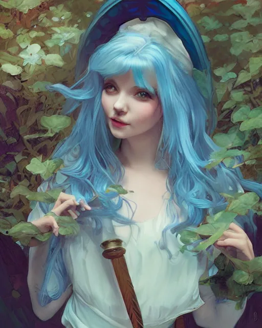 Image similar to pretty girl with blue hair dressed as alice and wonderland, digital painting, 8 k, concept art, art by wlop, artgerm, greg rutkowski and alphonse mucha