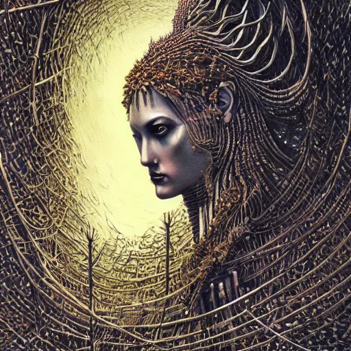 Image similar to Goddess of the golden harvest painting by Dan Hillier and H. R. Giger and Greg Rutkowski, intricate, highly detailed, trending on artstation, artstationHD, artstationHQ, 4k, 8k, sharp, rich vivid colors