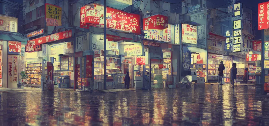 Image similar to photo of a japanese convenience store at night in the rain, small street, rendered in octane, highly detailed, award winning