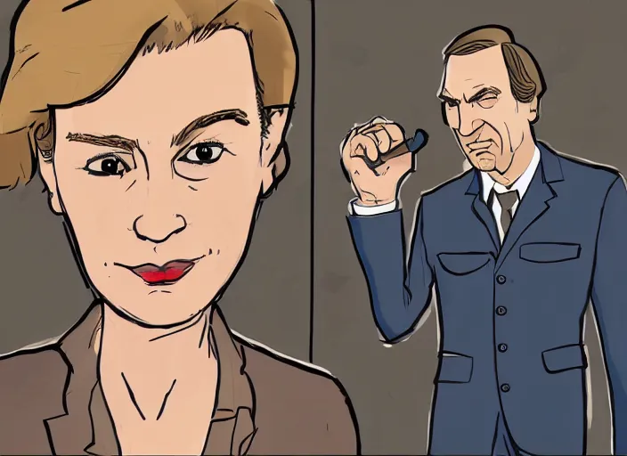 Image similar to kim wexler and saul goodman, ilustration by quentin blake, extremely detailed artstation, for aaa game, high quality, adobe ilustrator, behance