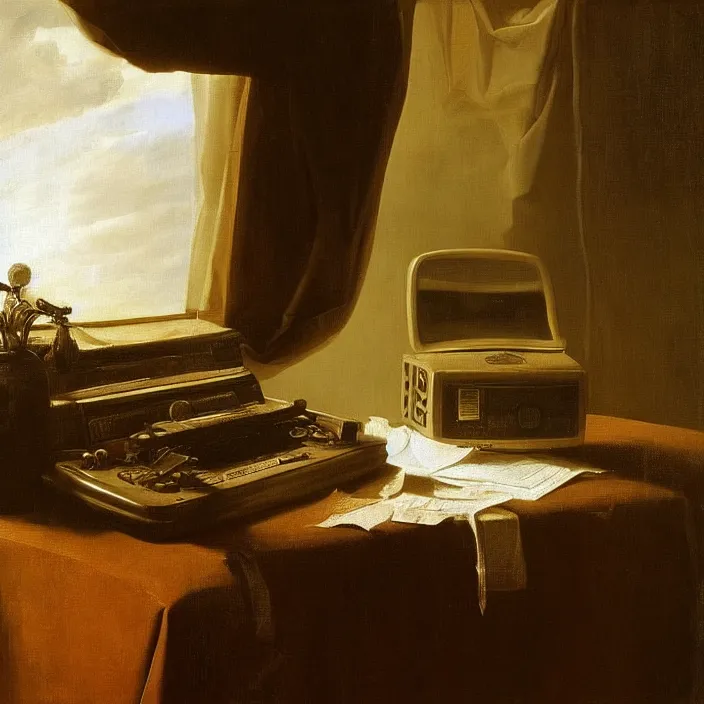 Image similar to still life painting of an old crt monitor running windows xp by pieter claesz, oil on canvas, strong lighting, highly detailed, hyper realism, golden hour, god rays, hd, 4 k