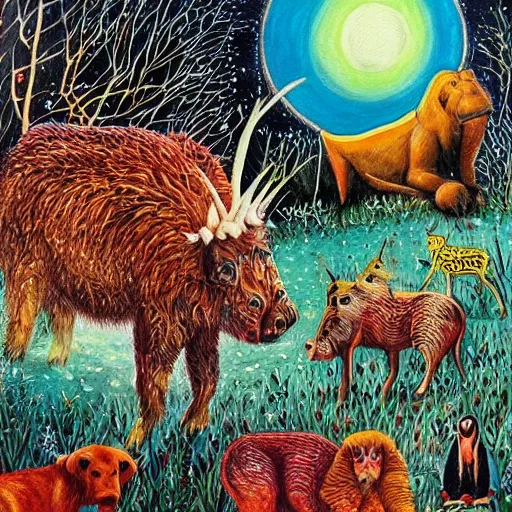 Image similar to animals in the midnight zone, when you own the world you're always home. beautiful and detailed painting by dani luvico ( 1 9 7 5 ).