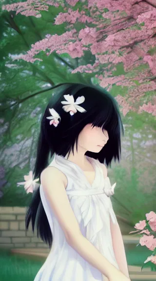 Image similar to little girl with her long black hair dressed in a simple white dress putting flowers on hair, anime art style, digital artwork made by ilya kuvshinov, inspired in balthus, hd, 4 k, hyper detailed