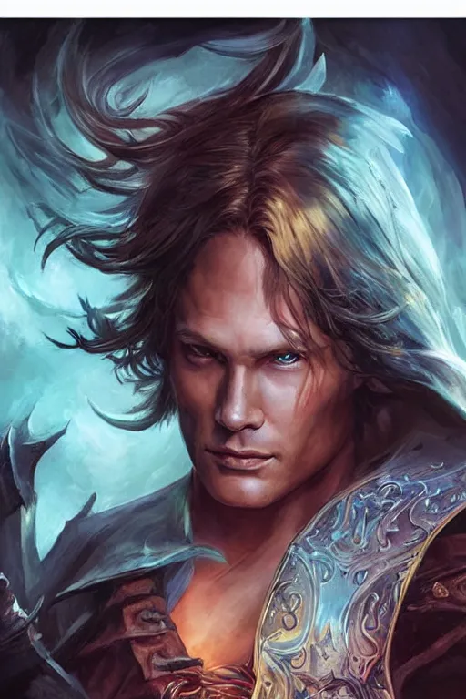 Prompt: masculine sam winchester as a dark mage warrior tattooed in the cover of an acotar book, d & d!, fantasy style, sharp focus!, ultra detailed, art by artgerm and peter andrew jones, wlop