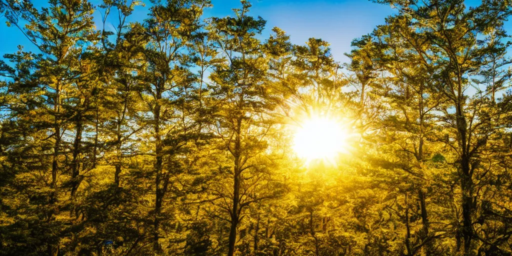 Image similar to view looking out over golden sunlit treetops with bright blue sky overhead, photograph, 4 k