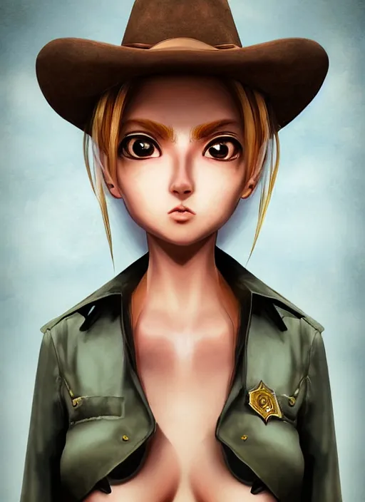 Image similar to a portrait one person, complexity, global lighting, detail, ultra sharpness, beautiful female sheriff body from games yoshihiro togashi style, big eyes, plump lips, a gunshot, global lighting, western saloon theme, detailed faces, blank faces, style by huyy nguyen,