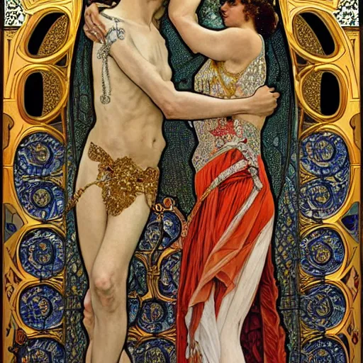 Prompt: realistic detailed dramatic symmetrical portrait of David and Dalida as Salome dancing, wearing an elaborate jeweled gown, by Alphonse Mucha and Gustav Klimt, gilded details, intricate spirals, coiled realistic serpents, Neo-Gothic, gothic, Art Nouveau, ornate medieval religious icon, long dark flowing hair spreading around her