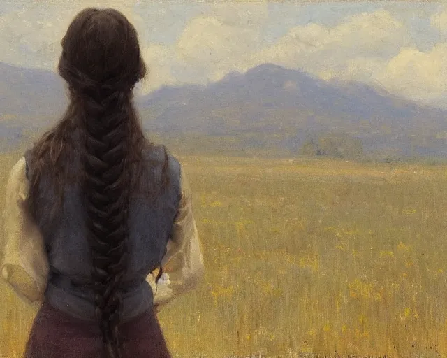 Prompt: girl with plaits, back view, by jeremy lipking, joseph todorovitch