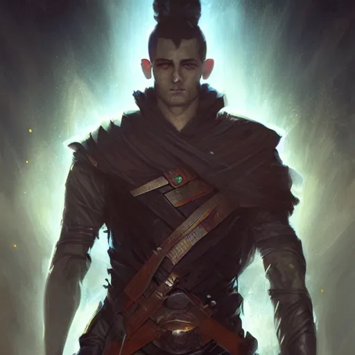 Prompt: a male rogue, symmetric face, hyperrealism, epic fantasy digital art, fantasy style art, by Greg Rutkowski, fantasy magic the gathering card art style