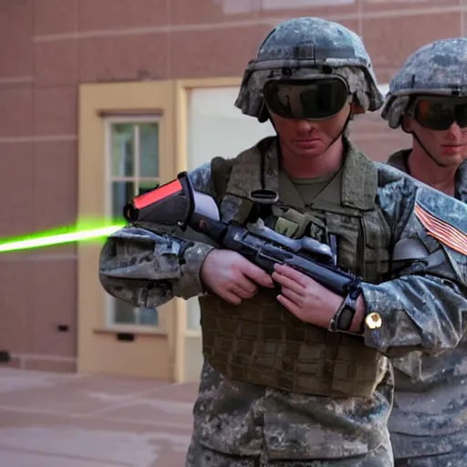 Image similar to U.S. military men in a battle using holographic warrrfare and electronic psychotronic laser devices