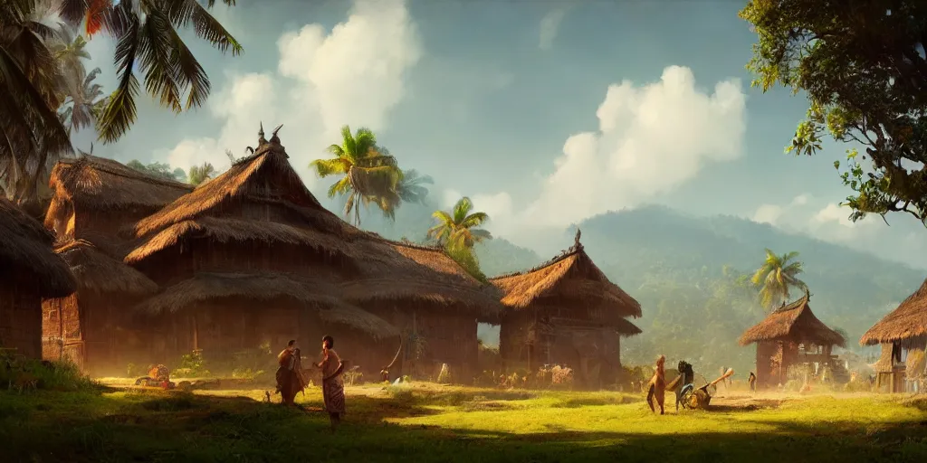 Image similar to kerala village, sharp focus, wide shot, trending on ArtStation, masterpiece, by Greg Rutkowski, by Ross Tran, by Fenghua Zhong, octane, soft render, ultrarealistic, colorful, cinematic, horizon forbidden west