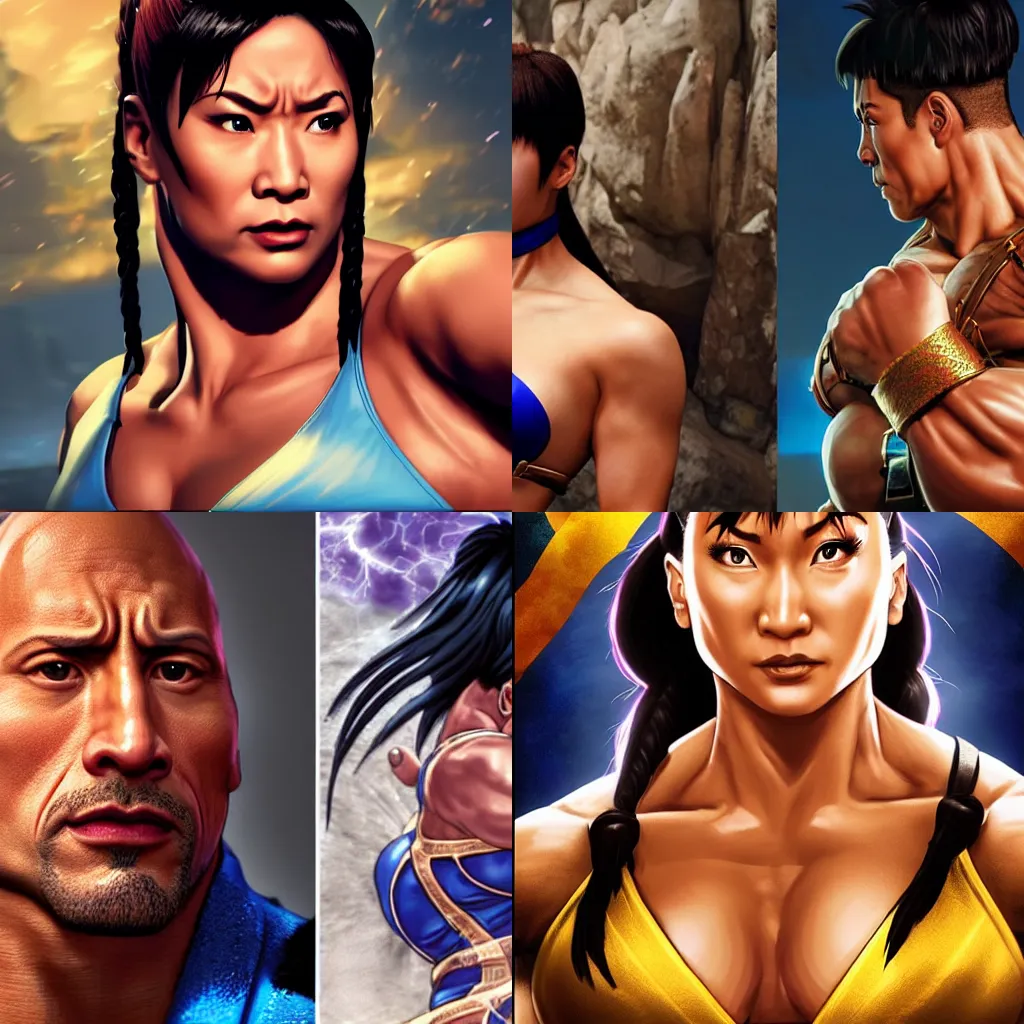 Prompt: face of dwayne johnson on chun li in street fighter, dwayne johnson wearing chun li's bikini, without chun li's face, intricate, epic lighting, cinematic composition, hyper realistic, 8k resolution, unreal engine 5, by Artgerm, tooth wu, dan mumford, beeple, wlop, rossdraws, James Jean, Andrei Riabovitchev, Marc Simonetti, yoshitaka Amano, Artstation