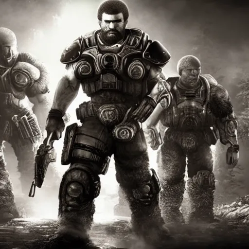 Image similar to Bob Ross in Gears of War, gloomy unreal engine 5 render