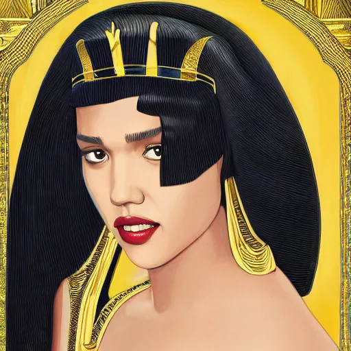 Image similar to Jessica alba as Cleopatra, Queen of the Nile, fresh from a purity bath filled with her servants, with perfect skin, radiant complexion, in only a light silk robe and adorned with Egyptian gold, highly detailed, digital painting, artstation, concept art, smooth, sharp focus, illustration, art by Alberto Vargas in the style of Patrick Nagel