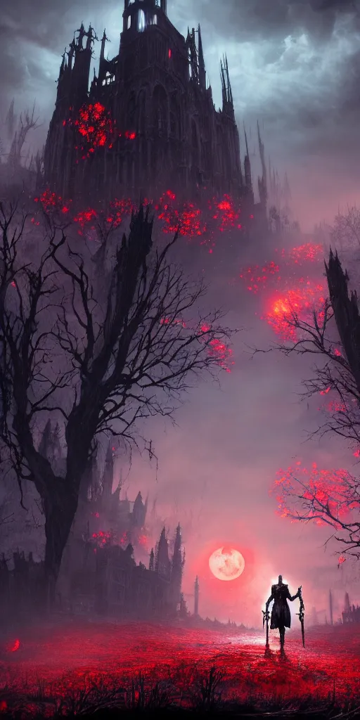 Image similar to abandoned bloodborne old valley with a person at the centre and a ruined gothic city at the end with a big castle, trees and stars in the background, falling red petals, epic red - orange moonlight, perfect lightning, wallpaper illustration by niko delort and kentaro miura, 4 k, ultra realistic