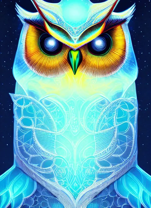 Image similar to symmetry!! product render poster vivid colors divine proportion owl, ice and snow, glowing fog intricate, elegant, highly detailed, digital painting, artstation, concept art, smooth, sharp focus, illustration,