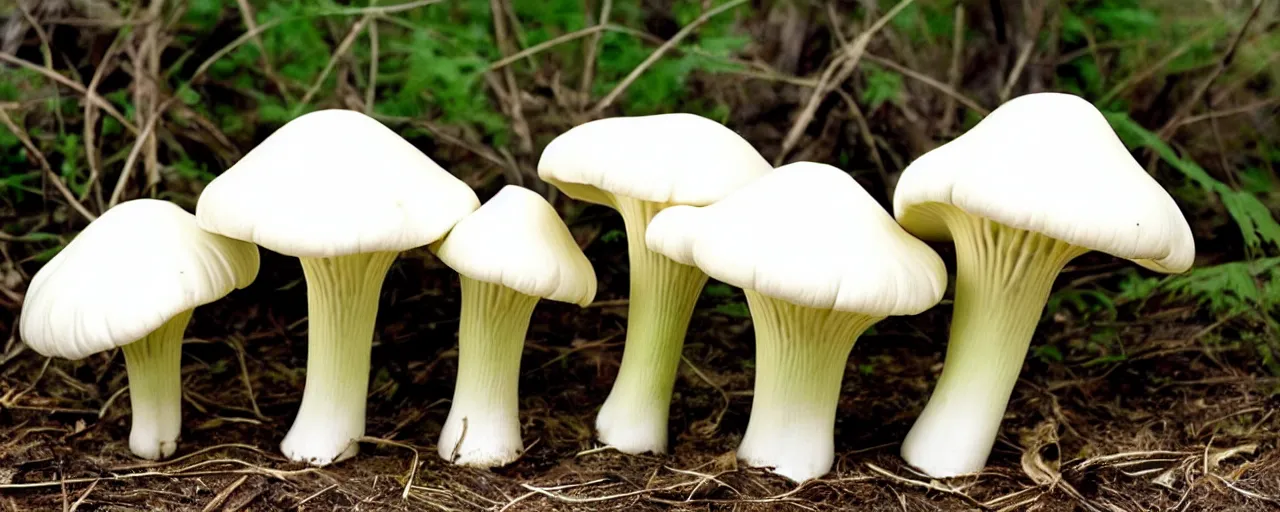 Prompt: king trumpet mushrooms, large thick cylindrical stem, small, flattened cap, ivory white stems, smooth caps are grey to brown and have rounded, curved edges, the stem and cap are joined by off - white thin short gills