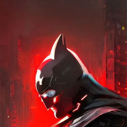 Prompt: cyberpunk batman with fullface mask, red bat logo, wide shot, moody, futuristic, city background, brush strokes, oil painting, greg rutkowski