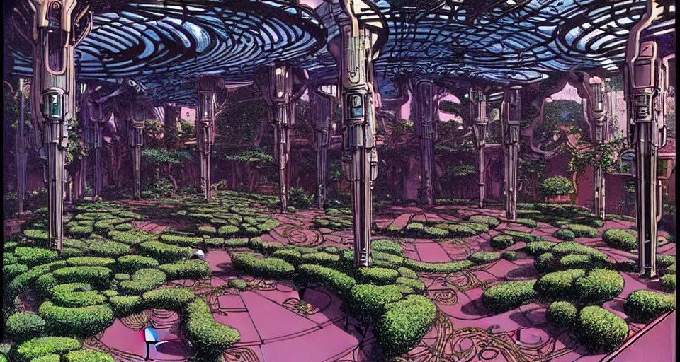 Image similar to a luxurious scifi futuristic victorian garden courtyard by killian eng, moebius, philippe druillet