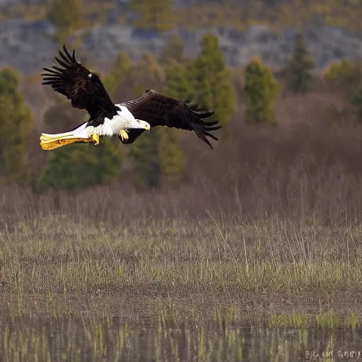 Prompt: photo of two eagles fighting in mid-air, F/2.8, 600mm, bright colors, lucky shot