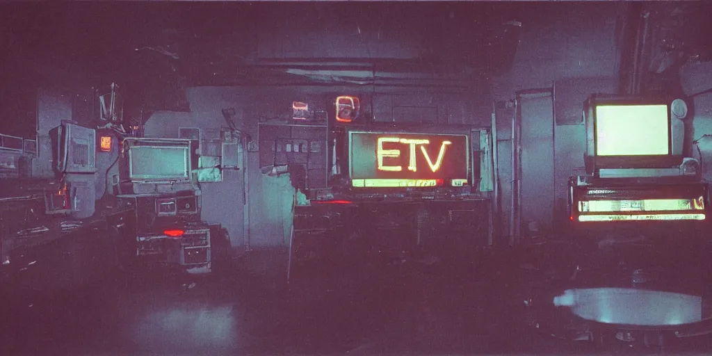 Image similar to movie still 35mm film photograph a screaming and angry creature with TV monitors in its lower torso, inside of a 1970s science lab, neon lights, dirty, ektachrome photograph, volumetric lighting, f8 aperture, cinematic Eastman 5384 film