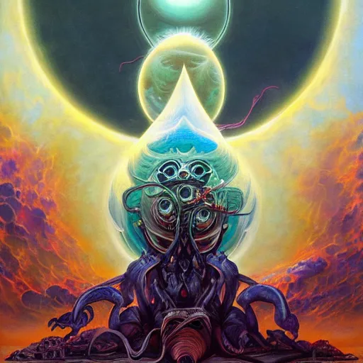 Prompt: gargantuan eldritch cosmic behemoth devouring the sun, peter mohrbacher, alex grey