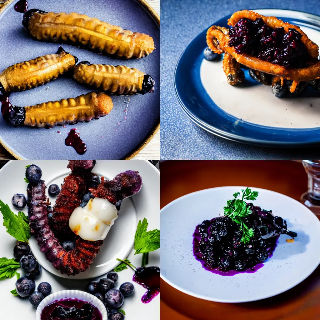 Prompt: deep fried sea cucumbers served on a bed of blueberry jam, michelin star restaurant, 4k photo