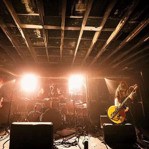 Image similar to a heavy metal band playing live music on stage in a tiny pub in England, empty room, dark concert lighting, center angle, close shot, professional photograph