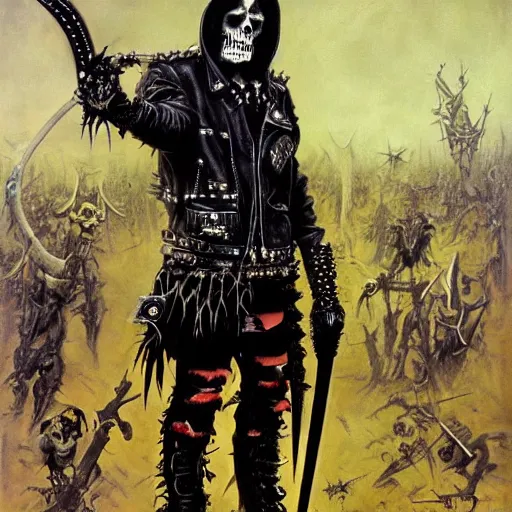Image similar to a portrait of the grim reaper as a punk rocker, punk, skeleton face, mohawk, dark, fantasy, leather jackets, spiked collars, spiked wristbands, piercings, boots, guitars, motorcycles, ultrafine detailed painting by frank frazetta, detailed painting