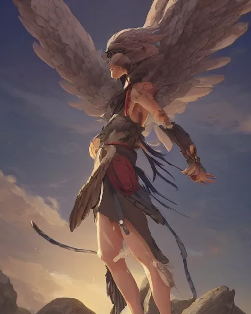 Prompt: a female anthropomorphic eagle warrior standing heroically on a rock. trees. She has two wings at her back. Atmospheric lighting, By Makoto Shinkai, Stanley Artgerm Lau, WLOP, Rossdraws, James Jean, Andrei Riabovitchev, Marc Simonetti, krenz cushart, Sakimichan, D&D trending on ArtStation, digital art.