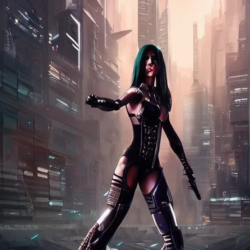 Image similar to cyberpunk girl with a katana in front of a cybernetic building, electric energy, beautiful, full body shot, getting ready to fight, heroic pose, urban motifs, intricate, elegant, highly detailed, digital painting, trending on artstation, concept art, smooth sharp focus, illustration, art by artgerm and greg rutkowski