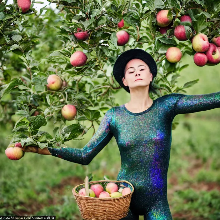 Prompt: a closeup portrait of a woman wearing a muddy iridescent holographic leotard, picking apples from a tree in an orchard, foggy, moody, photograph, by vincent desiderio, canon eos c 3 0 0, ƒ 1. 8, 3 5 mm, 8 k, medium - format print