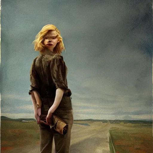 Image similar to Elle Fanning in the painted world of Resident Evil, head and shoulders masterpiece, apocalypse, golden hour, cosmic horror, artstation, in the style of Andrew Wyeth and Edward Hopper and Bosch, extremely detailed