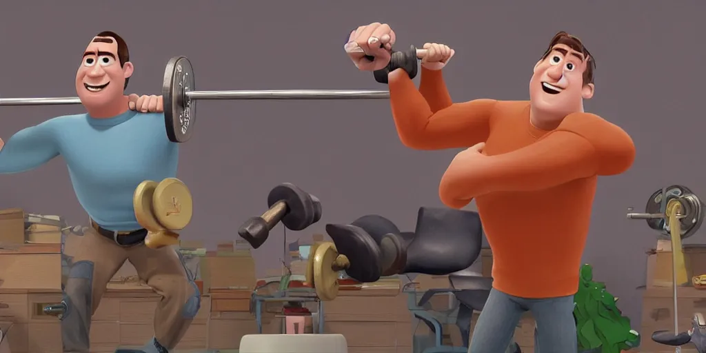 Prompt: Pixar movie art of Will Ferrell lifting weights