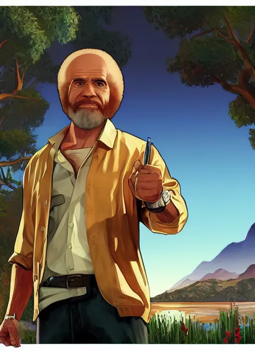 Image similar to bob ross in gta v, cover art by stephen bliss, artstation