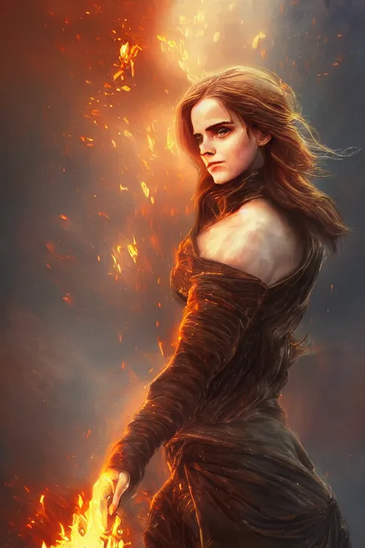 Image similar to a photo of Emma Watson using her superpower of fire, fantasy, intricate, young and cute girl, beautiful, highly detailed, digital painting, artstation, concept art, smooth, sharp focus, illustration