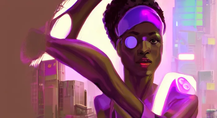 Prompt: portrait of beautiful cyberpunk black woman, rio de janeiro!! pao de acucar!! corcovado ipanema!! on the background, soft purple lighting digital art trending on artstation concept art