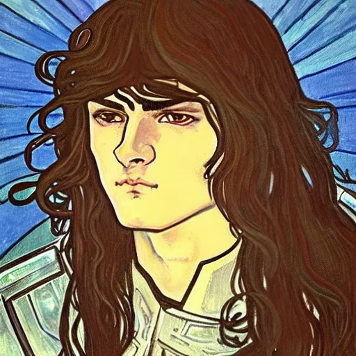 Image similar to painting of young handsome beautiful paladin elf! man with long wavy dark hair in his 2 0 s named shadow taehyung at the blueberry party, wearing armor!, elegant, clear, painting, stylized, delicate, soft facial features, art, art by alphonse mucha, vincent van gogh, egon schiele,