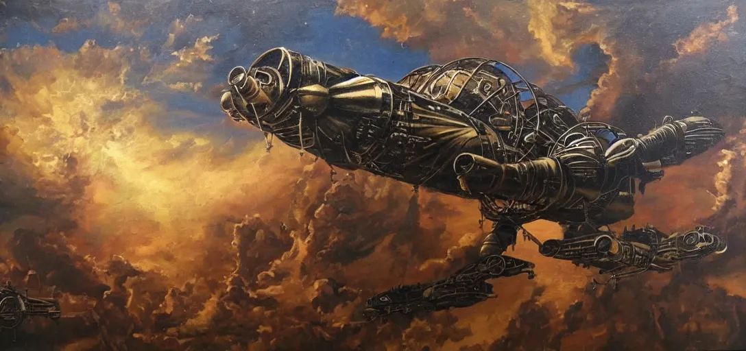 Image similar to oil painting of a steampunk spaceship